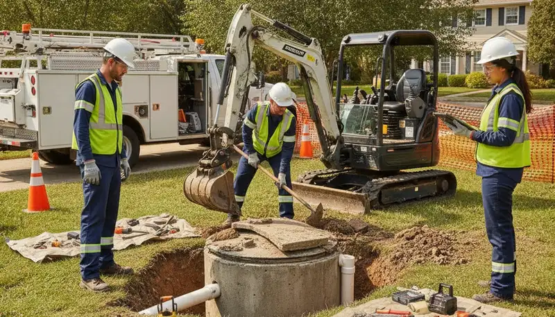 Septic repair technician inspecting Olathe, KS home sewer line for backups and system issues
