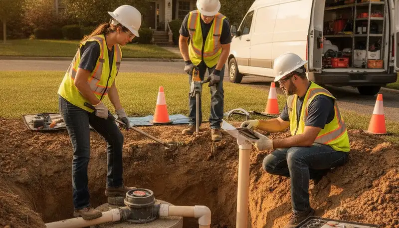 On Call Plumbers inspecting septic repair system in Olathe, KS home