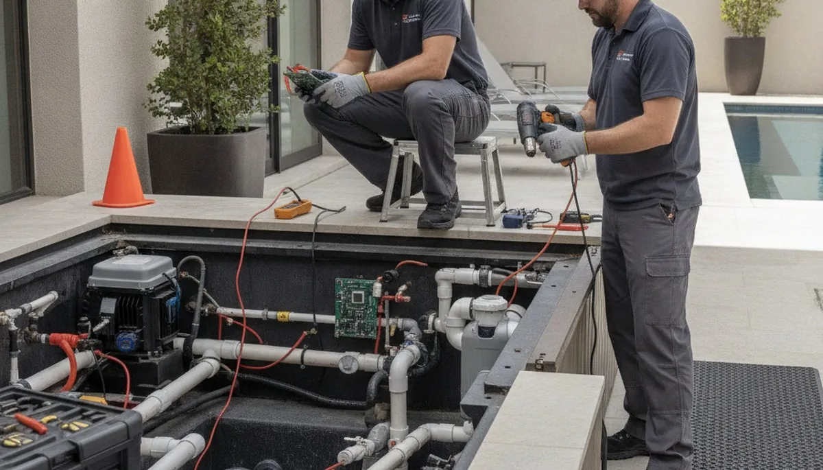 Spa repair technician servicing a home spa in Olathe, KS with On Call Plumbers
