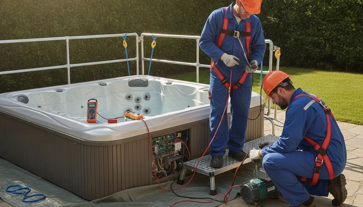 Spa repair technician servicing a home spa in Olathe, KS