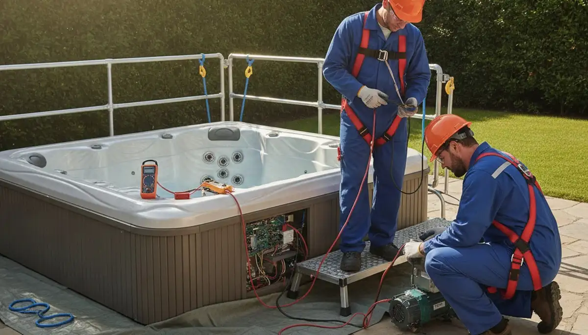 Spa repair technician servicing a home spa in Olathe, KS