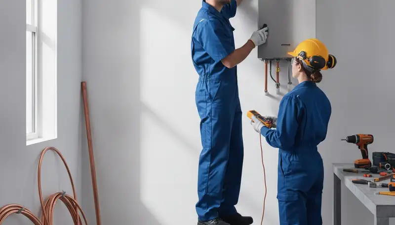 Tankless water heater installation by Olathe, KS plumbers for on-demand hot water service