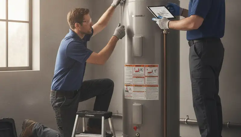 Water heater repair technician servicing a unit for Olathe, KS homeowners
